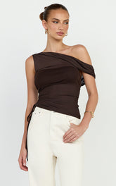 Astrid Top - Asymmetrical Off Shoulder Sleeveless Top in Chocolate