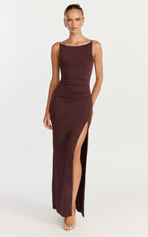 Audette Maxi Dress - Boat Neck Ruched Fitted Dress in Chocolate