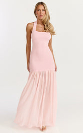 Barbara Maxi Dress - Halter Scoop Neck Contrast Georgette Dress in Pink