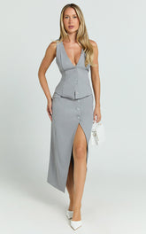 Baylee Midi Skirt - Wrap Front Side Split Skirt in Grey