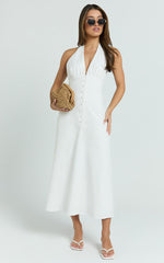 Beata Midi Dress - Plunge Halter A Line Dress in White