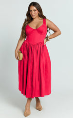 Beckett Midi Dress - Scoop Neck Drop V Waist Gathered Skirt Dress in Red