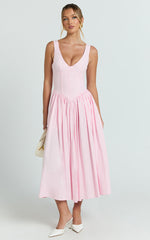 Beckett Midi Dress - Scoop Neck Drop V Waist Gathered Skirt Dress in Pink