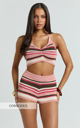 Belize Bralette - Striped Knit Halter Neck Bralette in Pink Multi