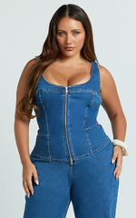 Bellerose Top - Front Zip Denim Fitted Top in Dark Blue Wash