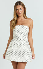 Benson Playsuit - Strapless Fit and Flare Playsuit in White Polka Dot