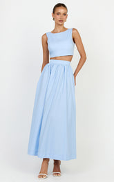 Billie Two Piece Top and Skirt Set - Tie Back Top with Full Maxi Skirt in Blue
