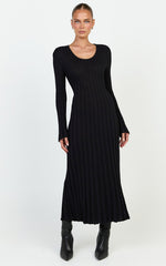 Blaire Midi Dress - Long Sleeve Tie Back Flare Dress in Black