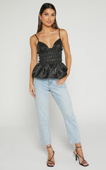 Brunetta Top - Sequin Shirred Peplum Top in Black