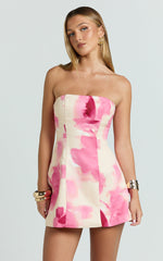 Catharine Mini Dress - Strapless A Line Dress in Electric Bloom - Peach