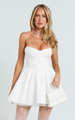 Charlize Mini Dress - Satin Sweetheart V Waist Fit And Flare Dress in White
