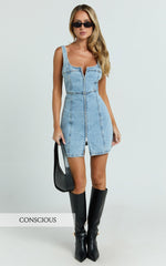 Chrysoula Mini Dress - Square Neck Zip Front Sleeveless Bodycon Denim in Light Blue Wash