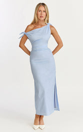 Cincinnati Midi Dress - Off The Shoulder Side Split Column Linen Dress in Pale Blue