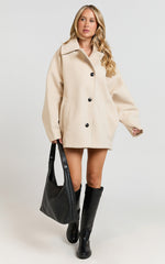 Claudia Coat - Oversized Three-Button Front Closure Coat in Beige
