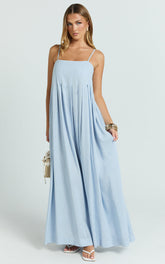 Cloe Maxi Dress - Pleated Detail Dress in Blue