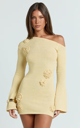 Daisy Mini Dress - Tipped Shoulder 3D Floral Knit Dress in Lemon