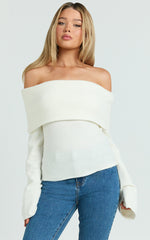 Darcie Top - Off Shoulder Long Sleeve Knit Top in Cream