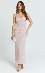 Elysia Midi Dress - Sequin Straight Neck Tie Back Dress in Pale Pink