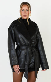 Esme Coat - Double Breasted Belted Faux Leather Faux Fur Lined Jacket in Black