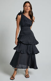 Eugenia Midi Dress - One Shoulder Fit and Flare Layered Dress in Black