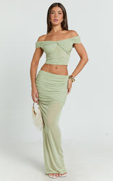 Francine Two Piece Top and Skirt Set - Twist Front Top and Mid Waist Gathered Maxi Skirt in Sage