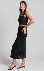 Frankie Midi Skirt - Burn Out Velvet High Waisted Slip Skirt in Black