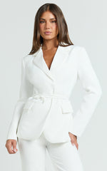 Harlee Blazer- Belted Cinch Waist Blazer in White