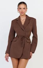 Harlee Mini Dress - Belted Cinch Waist Blazer Dress in Mocha