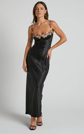 Harmony Maxi Dress - Floral Detail Cup Bust Satin Dress in Black