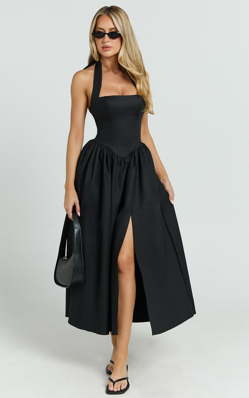 Helda Midi Dress - Halter Tie Neck Corset Panel Dress in Black