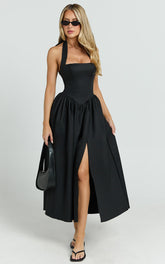 Helda Midi Dress - Halter Tie Neck Corset Panel Dress in Black