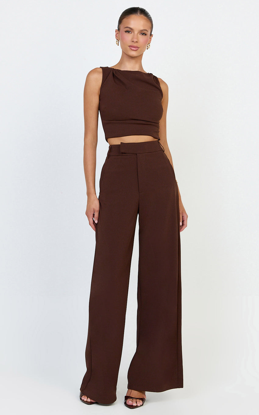 Helen Two Piece Set - Crepe Twisted Top And Wide Leg Pants in Chocolate
