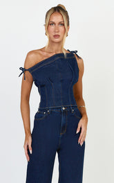 Ivy Top - Asymmetrical Neckline Tie Detail Stretch Denim Top in Dark Blue Wash