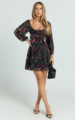 Jessell Mini Dress - Long Sleeve Cowl Corset Dress in Black Floral