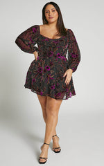 Jessell Mini Dress - Long Sleeve Cowl Corset Dress in Black Floral