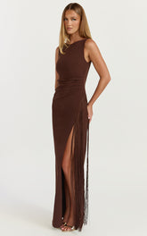 Joanne Maxi Dress - Scoop Neck Fringe Dress in Chocolate