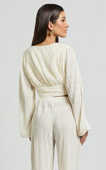 Jondra Blouse - Ruched Front Long Sleeve Plisse Blouse in Cream
