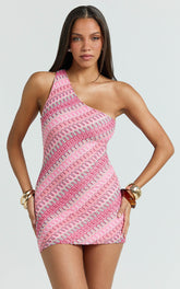 Julia Mini Dress - Off Shoulder Bodycon Dress in Bright Pink