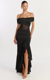 Kaia Maxi Dress - Off Shoulder Long Sleeve Ruffle Hem Lace Dress in Black