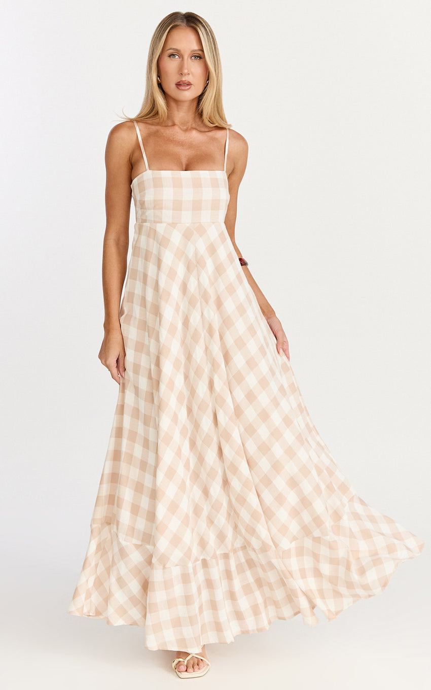 Katrien Maxi Dress - Strappy Empire Waist Flare Dress in Beige and White Check