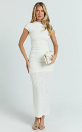 Kayrene Midi Dress - Short Sleeve Jacquard Dress in Cream