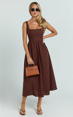 Khari Midi Dress - Linen Look Square A Line Dress in Chocolate