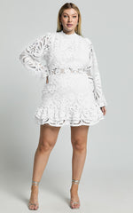 Kiss Me Now Mini Dress - Long Puff Sleeve Dress in White Lace