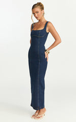 Kristie Midi Dress - Wide Neck Corset Detail Denim Dress in Dark Blue