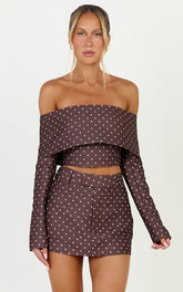 Lana Top - Long Sleeve Off Shoulder Cropped Top in Chocolate/Cream Polka Dot