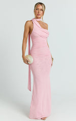 Larson Maxi Dress - Asymmetric Tie Neck Column Dress in Pink
