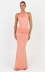 Lizzy Maxi Dress - Backless Ruched Bodycon Dress in Coral