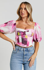 Lucienna Top - Sweetheart Blouson Puff Sleeve Corset in Zinnia Bloom