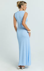 Lyra Maxi Dress - Knitted Crew Neck Dress in Blue