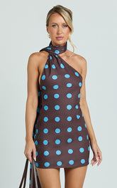 Maddox Mini Dress - Scarf Neck Low Tie Back Slip Dress in Polka Dot Print
